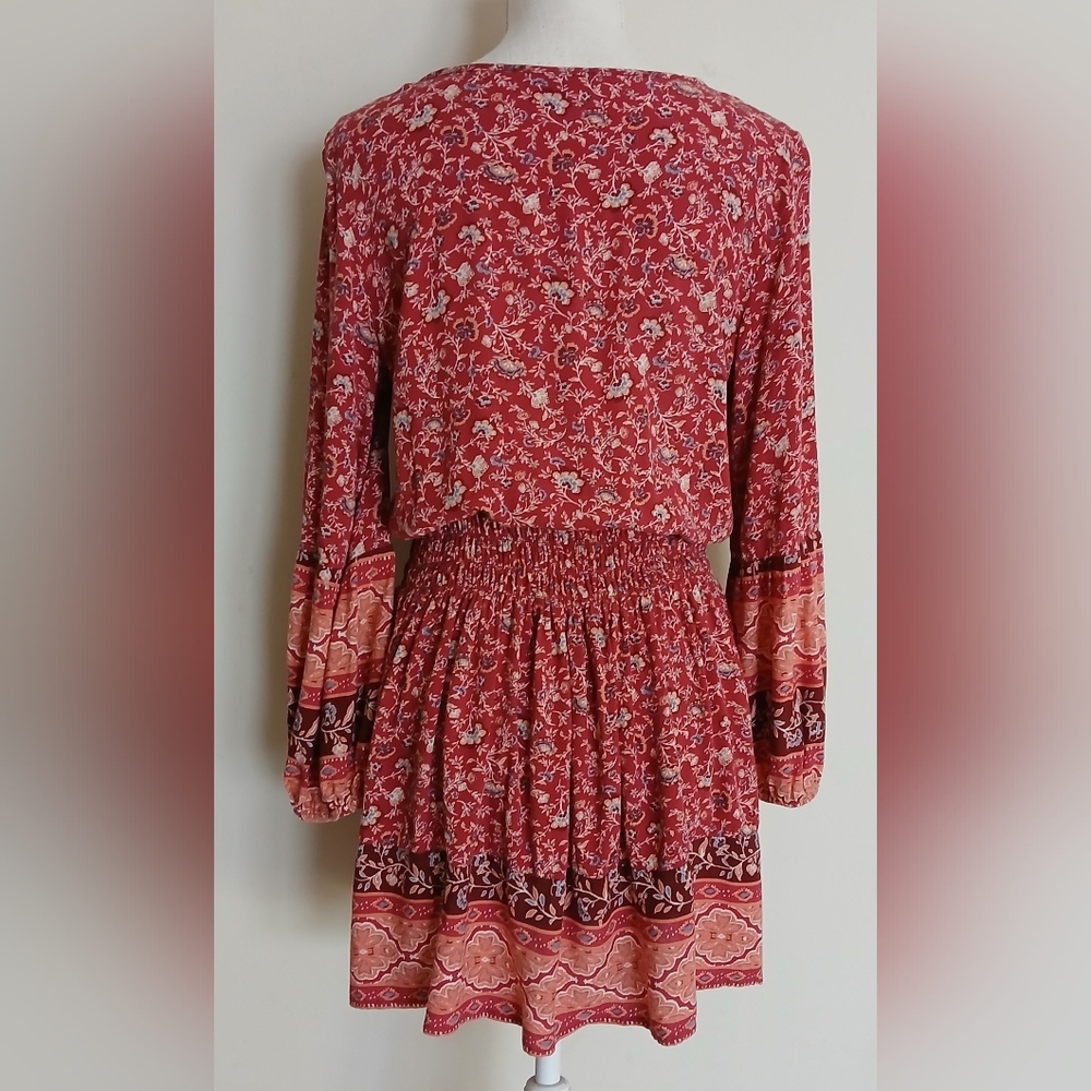 American Eagle Red and Orange Long Sleeve Floral Boho Mini Dress - Picture 4 of 12